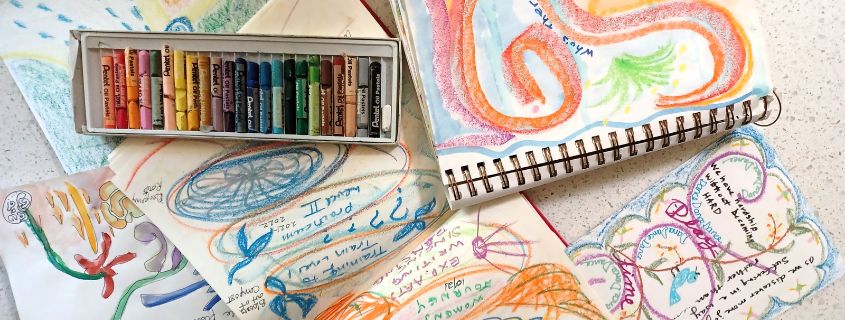 Drawings with writing on them along with pastels