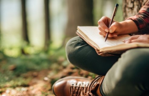 Person sitting cross-legged outdoors, writing in a journal