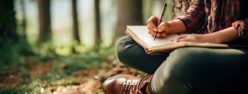 Person sitting cross-legged outdoors, writing in a journal